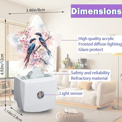 Spring Birds Night Lights Plug Into Wall,Pink Flowers Dusk to Dawn Light Sensor Night Light for Kids, Energy Efficient Sleep Friendly Lamp for Bedroom Bathroom Nursery