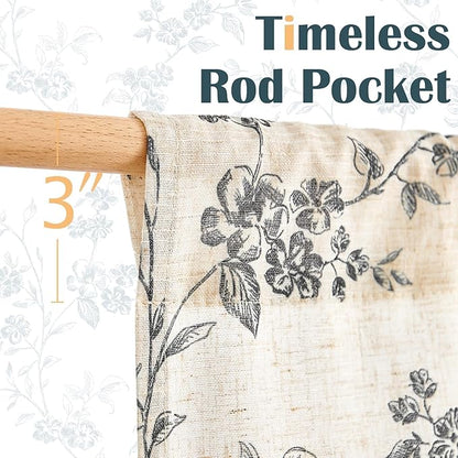 jinchan Floral Kitchen Curtains 30 Inch Linen Tier Curtains Farmhouse Cafe Half Window Drapes Over Sink Light Filtering Black on Beige for Living Room Laundry RV Rod Pocket 2 Panels