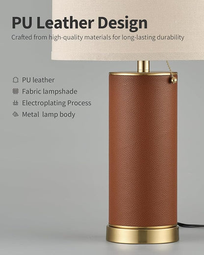 KDG 23.4" Brown PU Leather Table Lamps for Living Room Set of 2, E26 Socket LED Modern Home Decor Fabric Lampshade Desk Lamp Lighitng for Bedroom, Bedside, Farmhouse, Nightstand, Night Light
