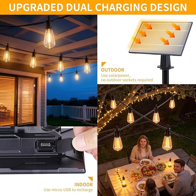 200ft Solar LED Outdoor String Lights Patio Lights with Shatterproof 2700K ST38 Vintage Edison Plastic Bulbs Dimmable, Outside Hanging Lights Waterproof for Porch, Deck, Garden, Backyard