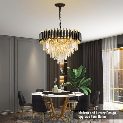 24" Modern Black and Gold Crystal Chandelier for Dining Room,5-Tier 10 Lights K9 Crystal Large Pendant Light Chandeliers Luxury Round Ceiling Light Fixture for Living Room Entryway Foyer