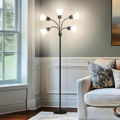 Brightech Medusa Modern LED Floor Lamp – Multi Head Floor Lamp for Living Rooms & Offices – Tall Lamp with Interchangeable Shade, Standing Lamp with 5 LED Bulbs for Hobbies - Black