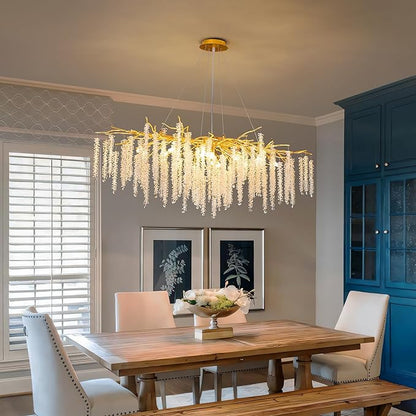 Tree Branch Chandelier L47 Luxury Rectangular Crystal Raindrop Pendant Light 13 Lights Kitchen Island Hanging Light Fixture for Living Room Dining Room Foyer Entryway Gold