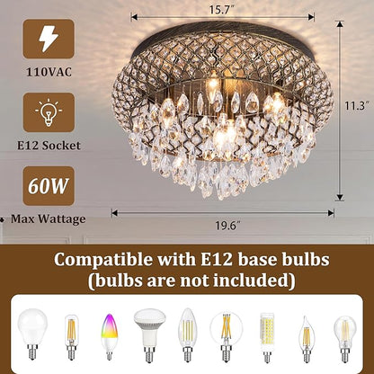 Maxax 19.5'' Crystal Bronze Chandelier, 5-Light Large Vintage Farmhouse Ceiling Light Fixture, Drum Raindrop Metal Shade, French Empire, for Living Room Bedroom Dining Room Kitchen Entryway