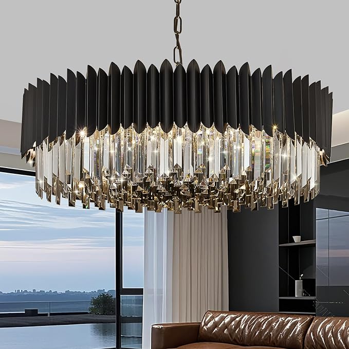 12-Light Large Crystal Chandeliers 30" Dining Room Light Fixture 6 Tiers Flush Mount Smoke Gray and Black Crystal Chandelier Round Pendant Light for Kitchen Living Room Entryway Foyer