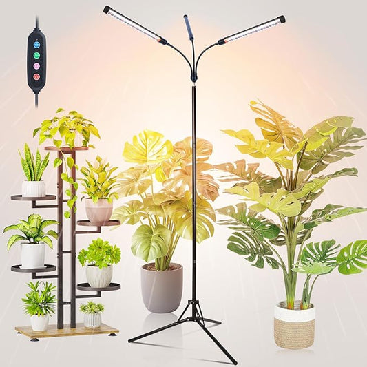 FECiDA 2026 3Head Grow Lights with Upgraded Stand, Standing Grow Lights for Indoor Tall Plants, Bonsai Tree, 4/8/12/16/20 Hr Timer, 27 Watt Power Draw, NO Need Adapter, 24"-72" Height Adjustable