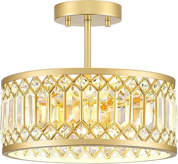 YURNYQ Crystal Ceiling Light Fixture, Modern Semi Flush Mount Light, Gold Lighting Fixtures Ceiling Chandelier for Kitchen, Bedroom, Dining Room, Hallway, 3-Light, 12.2 Inch