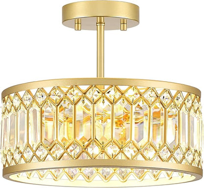 YURNYQ Crystal Ceiling Light Fixture, Modern Semi Flush Mount Light, Gold Lighting Fixtures Ceiling Chandelier for Kitchen, Bedroom, Dining Room, Hallway, 3-Light, 12.2 Inch