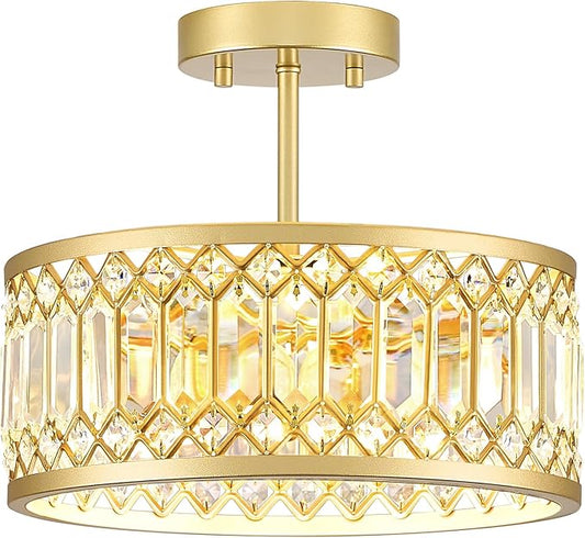YURNYQ Crystal Ceiling Light Fixture, Modern Semi Flush Mount Light, Gold Lighting Fixtures Ceiling Chandelier for Kitchen, Bedroom, Dining Room, Hallway, 3-Light, 12.2 Inch