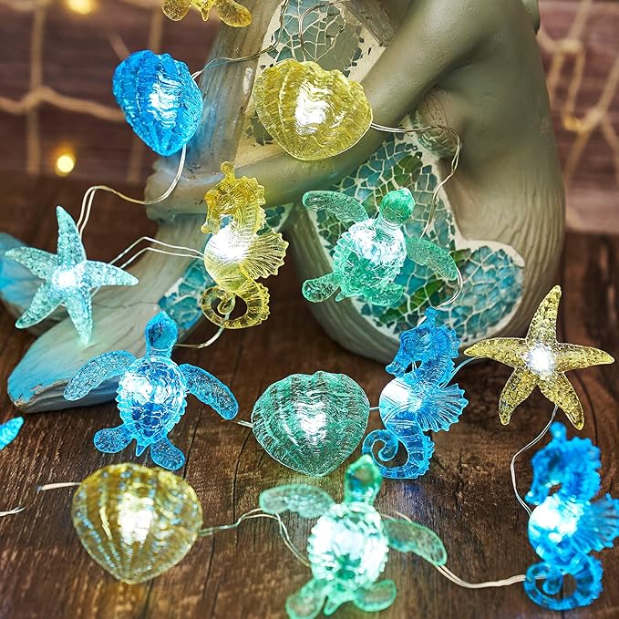 Nautical Theme Ocean Décor Beach Decorative String Lights Outdoor Seahorse Sea Turtle Starfish Shell Cute Marine Life Novelty Night Lights 30LED 10ft Battery Operated
