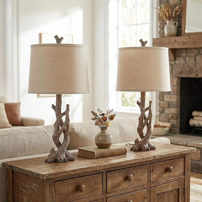 OYEARS 23" Rustic Farmhouse Table Lamp Country Cottage Lamps for Nightstand Tree Trunk Wood Grain Lamp for Bedroom Living Room with Oatmeal Fabric Round Shade Resin Bedside Lamp