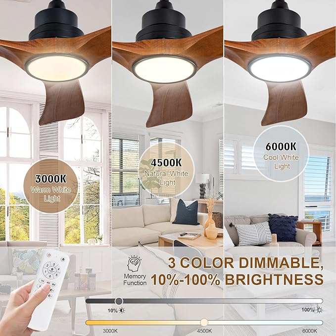 36 inch Ceiling Fans with Lights and Remote Control,Wall Switch,Solid Wood Blades,Dimmable,Reversible Quiet DC Motor,Power Off Memory Modern Black Ceiling Fan Indoor/Outdoor for Bedroom Patios
