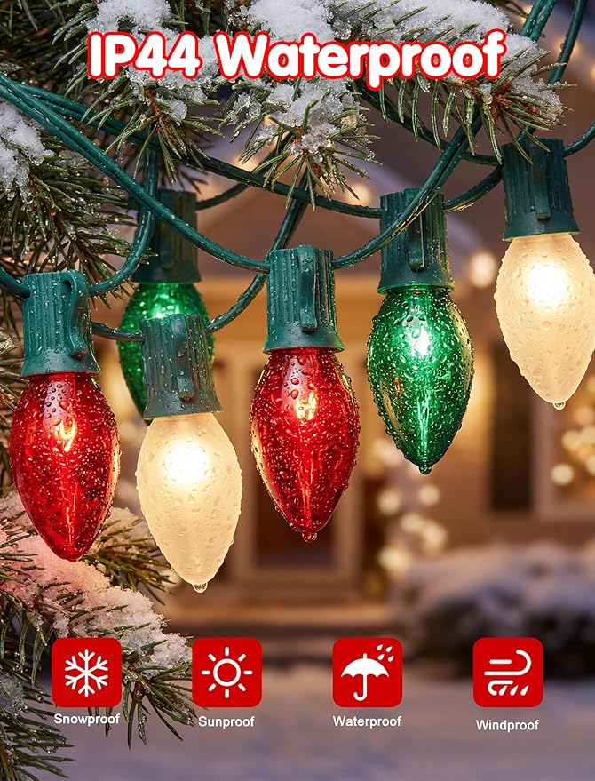 25Ft C9 Christmas Multicolor String Lights, Vintage Christmas Lights with 27 C9 Clear Red/Green/Frosted White Bulbs, Outdoor Hanging Patio Lights for Xmas Tree Path Roofline Wedding Party Decoration
