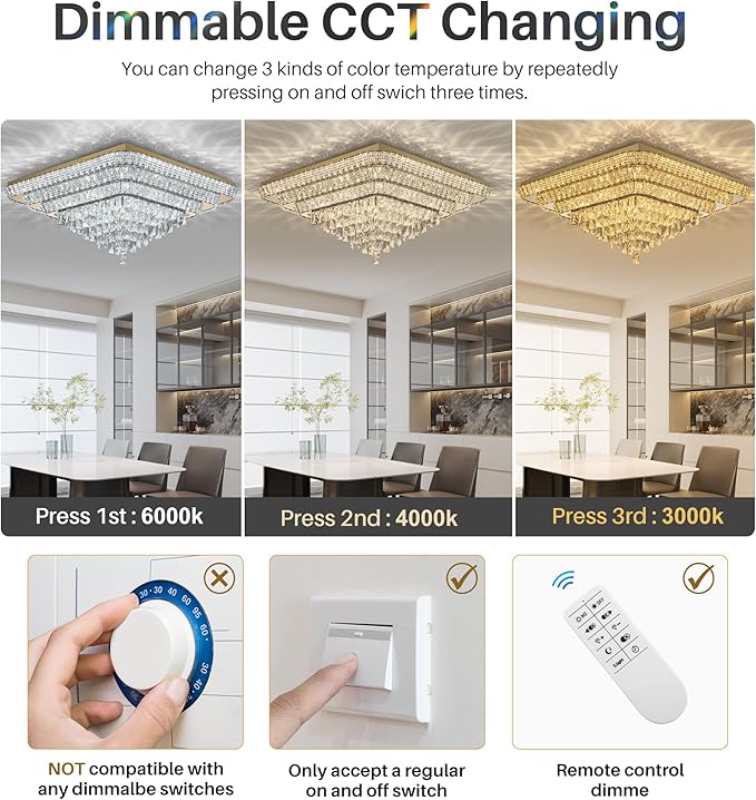 Miuyhji Elegant LED Gold Crystal Raindrop Ceiling Light,30 Inch Square Flush Mount Chandelier with Remote for Living Room Kitchen Island Bedroom Hallway Entryway Foyer (Dimmable)