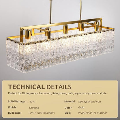 35.4" Gold Crystal Modern Chandelier for Dining Room, Chandeliers with Water Ripple Glass, Adjustable Chain Length,Luxury Rectangular Pendant Light Fixture for Kitchen Island Living Room