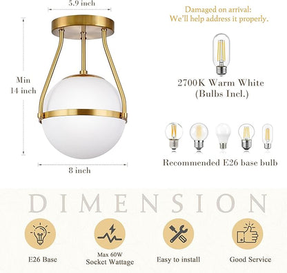 Bagood 8 Inch Mid Century Ceiling Light Modern Semi Flush Mount Ceiling Light Fixture Globe Ceiling Light Fixture with Milk Glass Shade Brass Finish for Kitchen Island Hallway Living Room (Bulb Incl.)