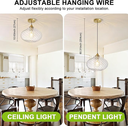 Glass Pendant Lights Kitchen Island, 11'' Brass Gold Pendant Lighting Fixtures, Modern Hanging Ceiling Light with Striped Clear Glass Shade for Farmhouse Dining Room Bedroom Hallway(1 Pack)