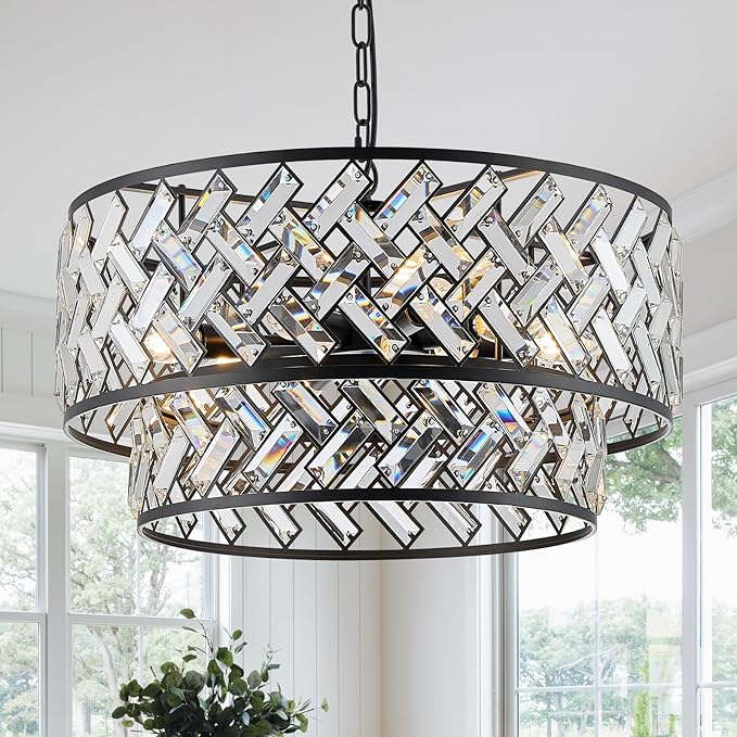 CATINER Black Crystal Chandelier, 8-Light Drum Semi Flush Mount Ceiling Light, 24'' Modern Crystal Pendant Chandelier for Dining Room, Living Room, Bedroom, Kitchen, Foyer