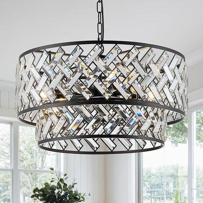 CATINER Black Crystal Chandelier, 8-Light Drum Semi Flush Mount Ceiling Light, 24'' Modern Crystal Pendant Chandelier for Dining Room, Living Room, Bedroom, Kitchen, Foyer