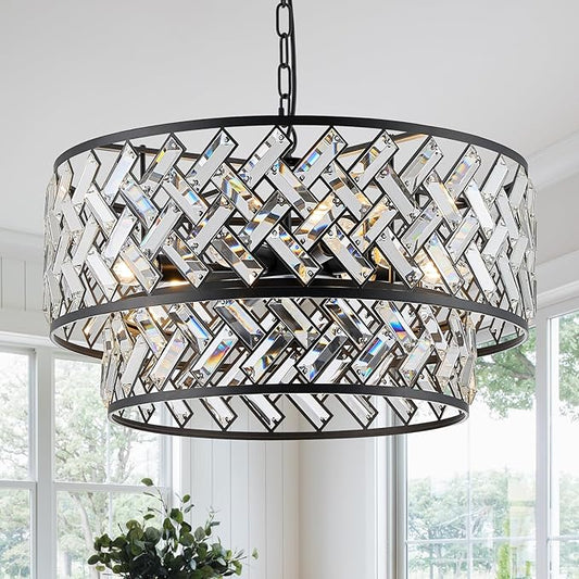 CATINER Black Crystal Chandelier, 8-Light Drum Semi Flush Mount Ceiling Light, 24'' Modern Crystal Pendant Chandelier for Dining Room, Living Room, Bedroom, Kitchen, Foyer