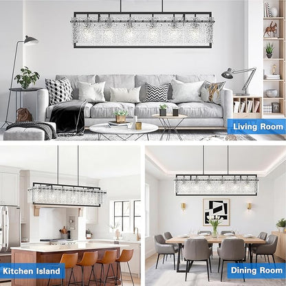 Modern Rectangle Black Crystal Chandeliers for Dining Room, 42" Large Rectangular Water Ripple Glass Island Light Fixture, Linear Farmhouse Lighting for Kitchen Island, Living Room
