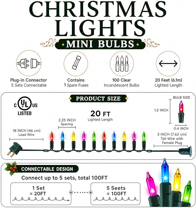 TW SHINE Outdoor Christmas Lights, 20FT 100 Count Christmas String Lights Incandescent, Waterproof Indoor Mini Christmas Tree Lights for Xmas Decorations, Multi Colored