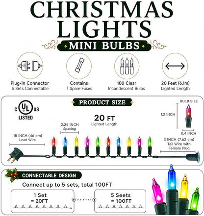 TW SHINE Outdoor Christmas Lights, 20FT 100 Count Christmas String Lights Incandescent, Waterproof Indoor Mini Christmas Tree Lights for Xmas Decorations, Multi Colored