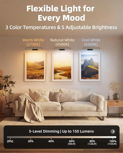 EZVALO Picture Light for Wall, 4800mAh Rechargeable Wireless Remote Battery Lights for Painting, 16In Dimmable Magnetic LED Art Display Light, Colors Temperatures, for Gallery, Living Room,Hallway