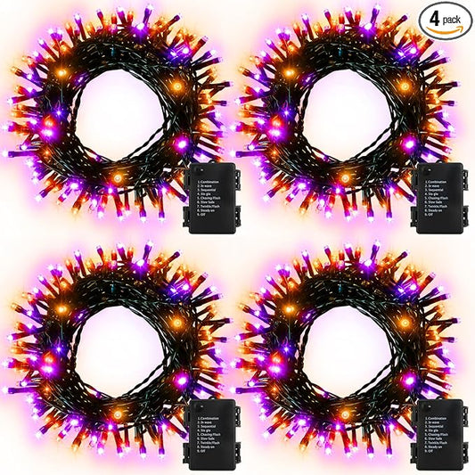 4 Pack Orange Purple Halloween String Lights Battery Operated, Each 16.4Ft 50 LED Indoor Halloween Lights with Timer 8 Modes for Party Yard Patio Decoration