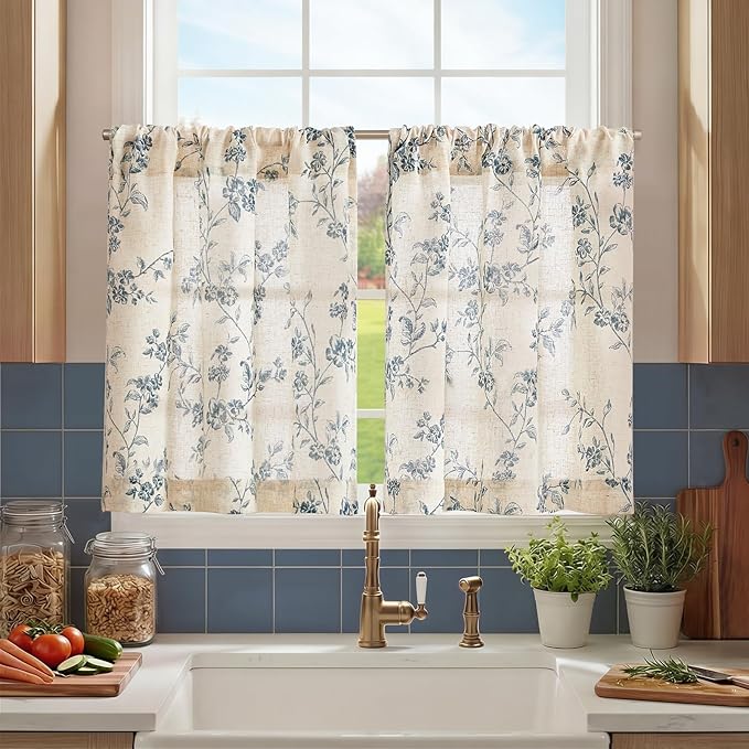 jinchan Floral Kitchen Curtains 30 Inch Linen Tier Curtains Farmhouse Cafe Half Window Drapes Over Sink Light Filtering Blue on Beige for Living Room Laundry RV Rod Pocket 2 Panels