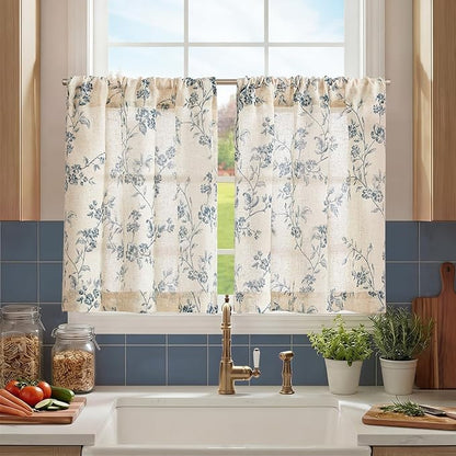 jinchan Floral Kitchen Curtains 30 Inch Linen Tier Curtains Farmhouse Cafe Half Window Drapes Over Sink Light Filtering Blue on Beige for Living Room Laundry RV Rod Pocket 2 Panels