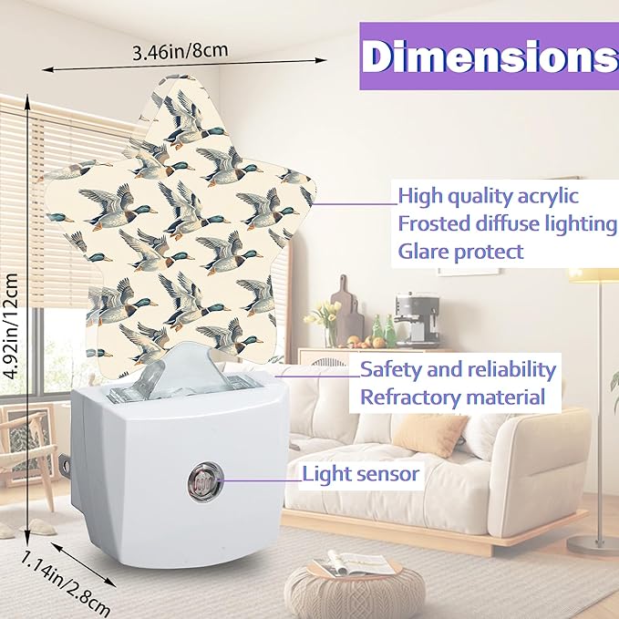 Mallard Duck Night Lights Plug Into Wall,Rustic Farmhouse Dusk to Dawn Light Sensor Night Light for Kids, Energy Efficient Sleep Friendly Lamp for Bedroom Bathroom Nursery