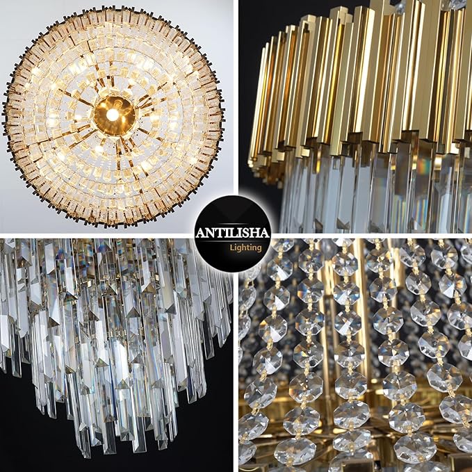 Crystal Chandeliers Modern Chandelier High Ceiling Foyer Entryway 21 Lights Gold Luxury Pendant Hanging Light Fixture for Living Room Entry Way Extra Large Vertical Tiered 36'' D x 54'' H