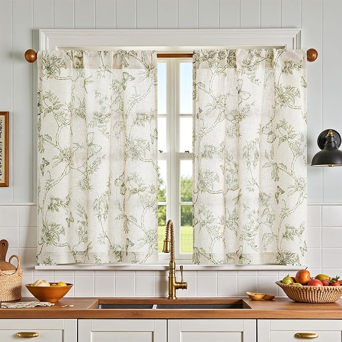 jinchan Floral Kitchen Curtains for Windows 24 Inch Farmhouse Country Linen Tier Curtains Botanic Small Window Drapes for Living Room Bathroom Laundry RV Rod Pocket Rustic 2 Panels Green on Beige