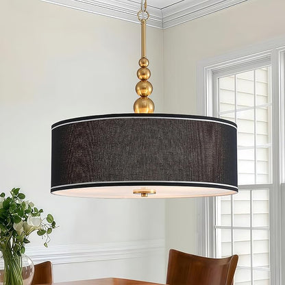 Shrine Lighting Drum Chandeliers, Farmhouse Style, Perfect Drum Pendant Light for Dining Room, D20'' x H7'', Adjustable Chains 59'', E26*3 Sockets, Black Linen Fabric Lampshade & Gold Rod