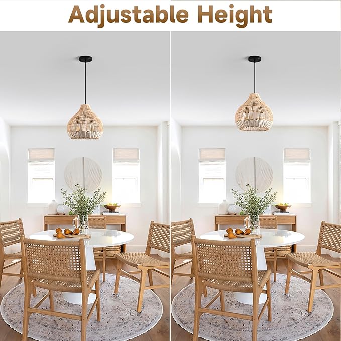 Boho Pendant Lights Kitchen Island 14.6in White Rattan Chandelier Beachy Wicker Dining Room Light Fixtures Woven Hanging Ceiling Lighting for Bedroom Breakfast Nook Restaurants Foyer Corridor