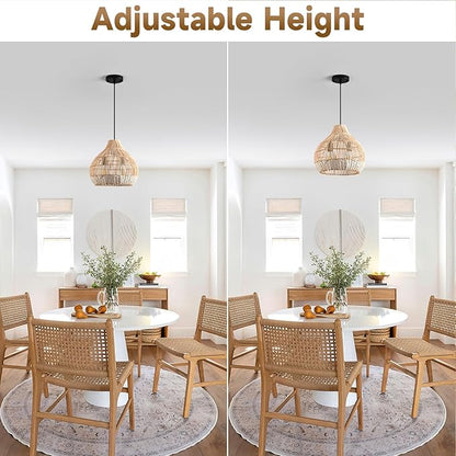 Boho Pendant Lights Kitchen Island 14.6in White Rattan Chandelier Beachy Wicker Dining Room Light Fixtures Woven Hanging Ceiling Lighting for Bedroom Breakfast Nook Restaurants Foyer Corridor