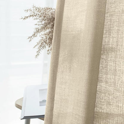 Melodieux Tan Semi Sheer Curtains 72 Inches Long for Bedroom, Living Room Farmhouse Linen Look Shiny Sheer Drapes, Rod Pocket Light Filtering Sheer Curtains, 52" W x 72" L, 2 Panels