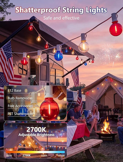 4th of July String Lights, 25FT G40 Red White and Blue Lights with 27 Shatterproof G40 LED Bulbs(2 Spare), Plug In Outdoor String Lights for Independence Day Patriotic Party Patio Backyard Decor