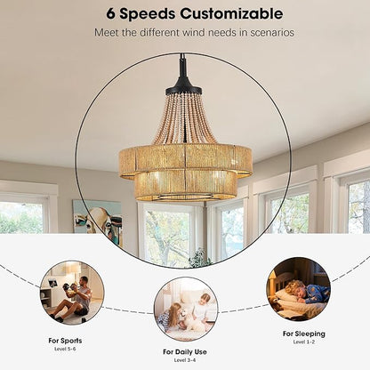 20 inch Boho Chandelier with Fan, Remote and App Control, Double-Layer Drum Shade, 8-Lights Rattan Farmhouse Fandelier for Dining Room, Bedroom, Kitchen