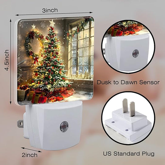 Christma Room Full of Gifts Night Light, Christmas Tree with Red and Gold Ornaments Dusk to Dawn Night Light Plug in, 0.5w Energy Saving Sleep Friendly NightLight for Kids Boys Girls Home Decor
