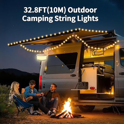 Camping String Lights, 4 in 1 Retractable String Lights, Quick 30s Recovery, 32.8ft Rechargeable LED Fairy Lights for Outside, 32.8ft Portable Tent Lights for Tent Patio Awning Garden RV Decoration