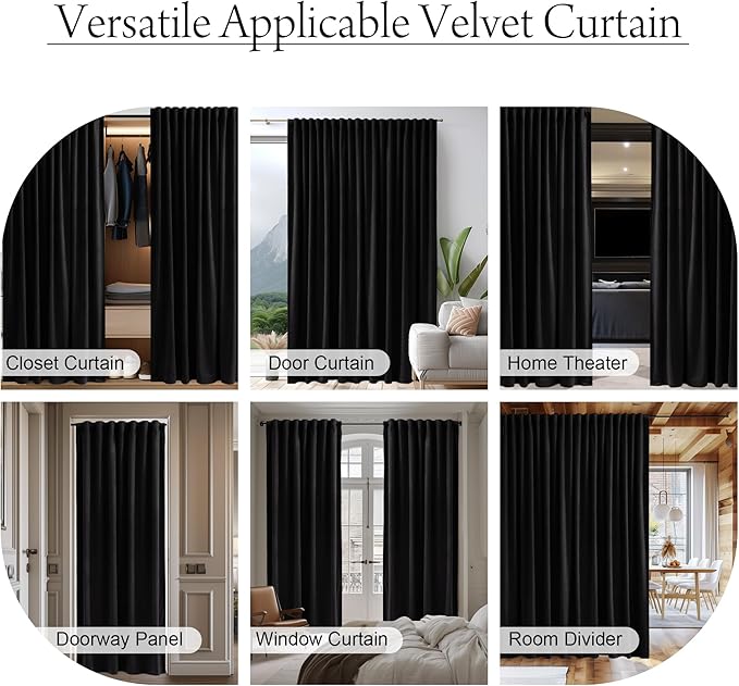 StangH Black Blackout Velvet Curtains 96 inches Long Back Tab Thermal Insulated Theater Curtains Heavy Privacy Drapes for Living Room Sliding Door Office, W100 x L96, 1 Panel