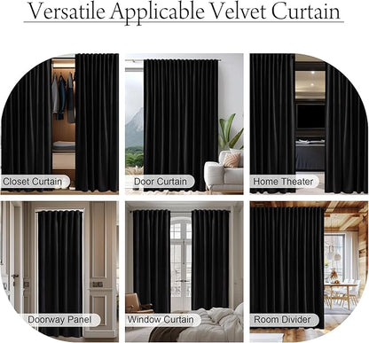 StangH Black Blackout Velvet Curtains 96 inches Long Back Tab Thermal Insulated Theater Curtains Heavy Privacy Drapes for Living Room Sliding Door Office, W100 x L96, 1 Panel