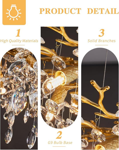 Modern Tree Branch Crystal Chandelier Luxury Gold Crystal Pendant Lighting 23.6" Contemporary 8-Light Chandeliers for Dining Room Kitchen Bedroom Living Room