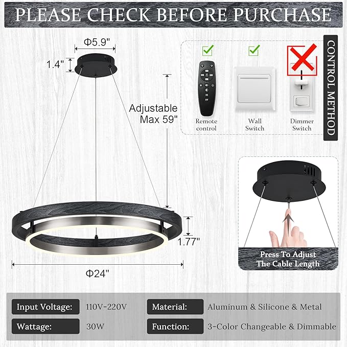 LED Black Ring Chandelier Dimmable Round Chandelier Circular Entryway Chandeliers Light Brushed Nickel Chandeliers for Dining Room Foyer Bedroom Home Office 24in