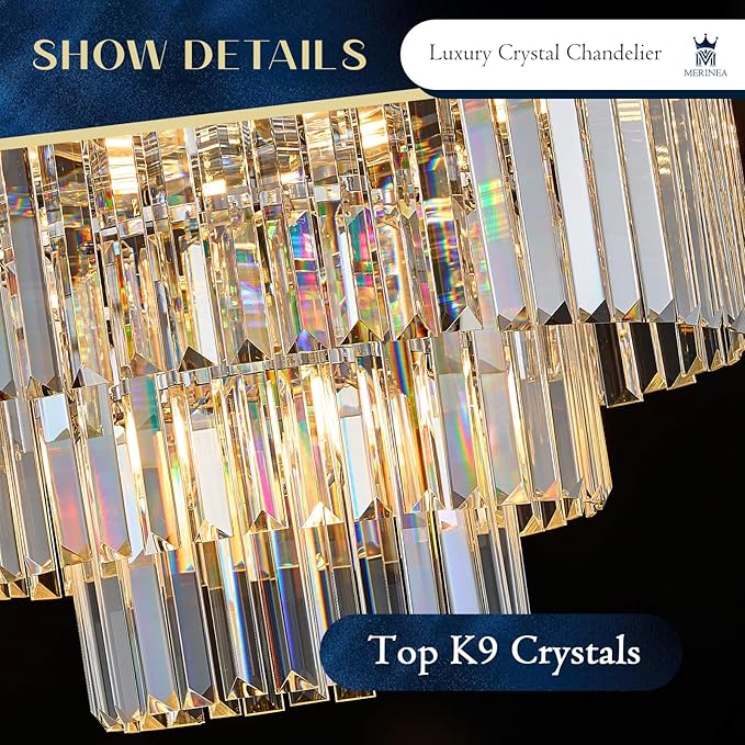 22" Modern Crystal Chandeliers 15 Lights Chrome Ceiling Pendant Light 4-Tier Luxury Round K9 Crystal Light Fixture for Living Room Dining Room Bedroom Kitchen Foyer