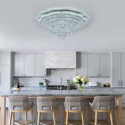 Silver LED Crystal Ceiling Light for Living Room, 40" Modern Large Flush Mount Chandelier with K9 Crystal Raindrop,Elegant Lighting Fixture with Remote Control for Hallway Dinning Room