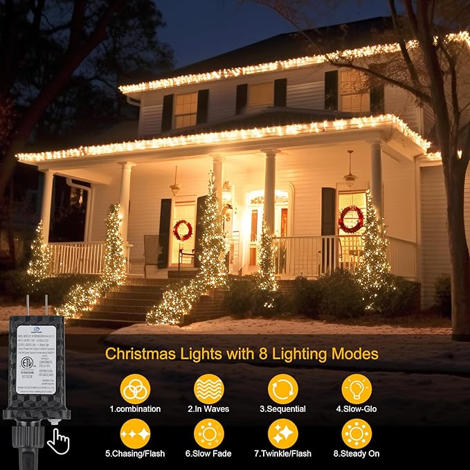 2-Pack Total 136FT 400LED Connectable String Lights Indoor Outdoor Clear Wire, Warm White Christmas Tree Lights Waterproof with 8 Modes & Timer, Twinkle Lights for Xmas Tree Decorations
