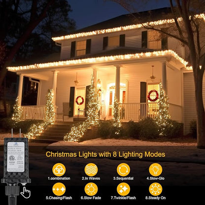2-Pack Total 136FT 400LED Connectable String Lights Indoor Outdoor Clear Wire, Warm White Christmas Tree Lights Waterproof with 8 Modes & Timer, Twinkle Lights for Xmas Tree Decorations